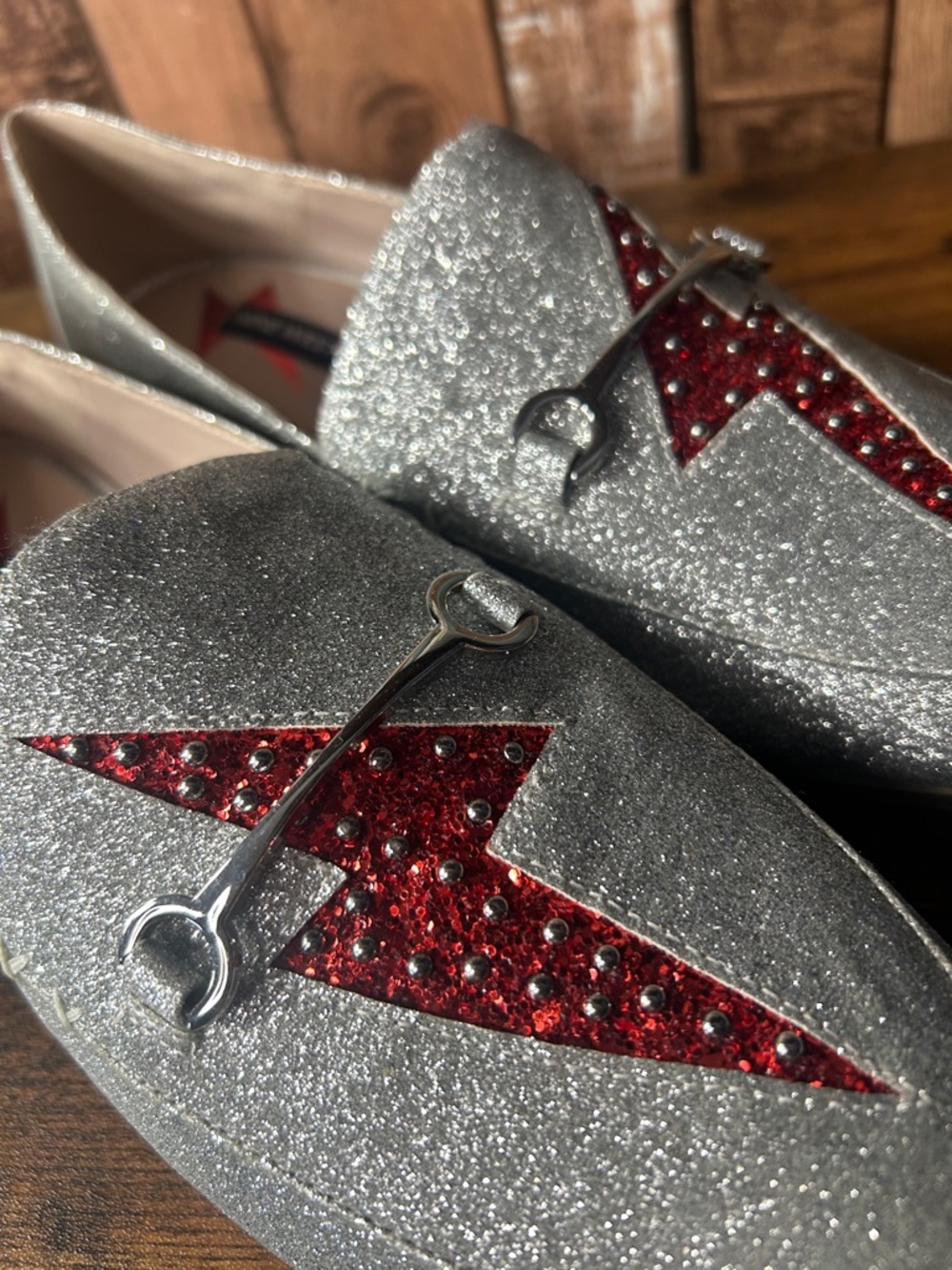 Nine West Silver Glitter Slip-On Loafers with Red Lightning Detail - Picture 7 of 16